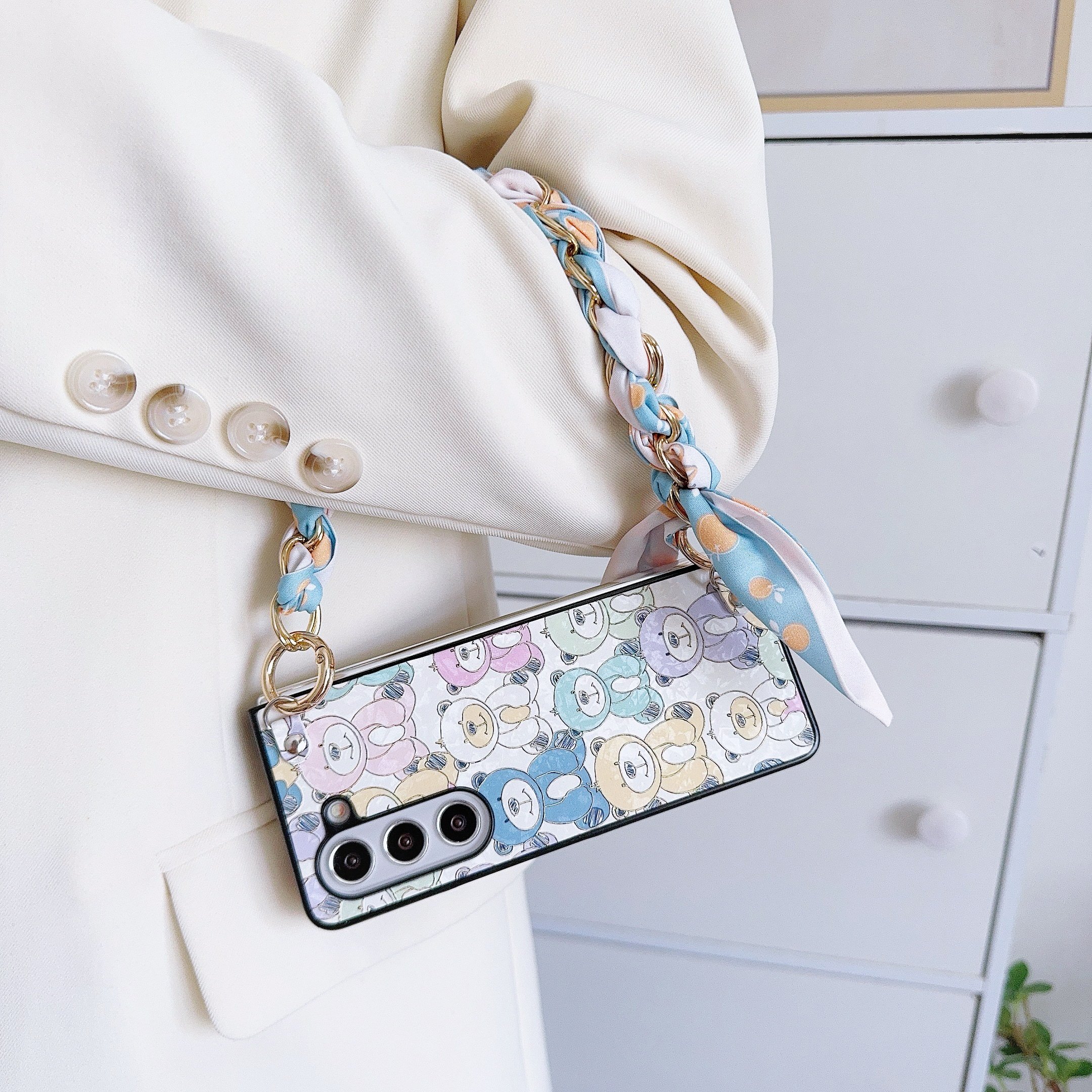 Bear Rabbit Bow Tie Mobile Phone Cases with Silk Scarf Hand Band for Samsung Galaxy Z Fold 6 5 4 3 vivo XFold Xiaomi Fold 2 3