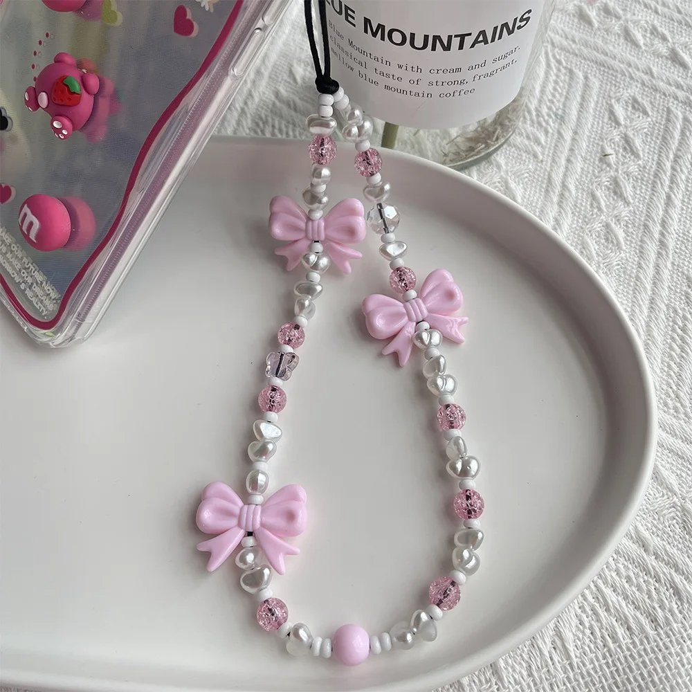 Accessories Wholesale Korean Fashion Pink Bowknot Phone Charm Imitation Pearl Beaded Chain Phone Case Cute Mobile Straps