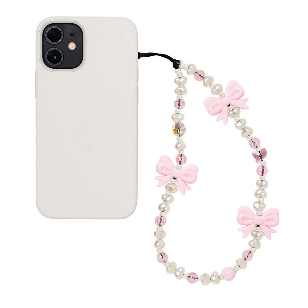 Accessories Wholesale Korean Fashion Pink Bowknot Phone Charm Imitation Pearl Beaded Chain Phone Case Cute Mobile Straps