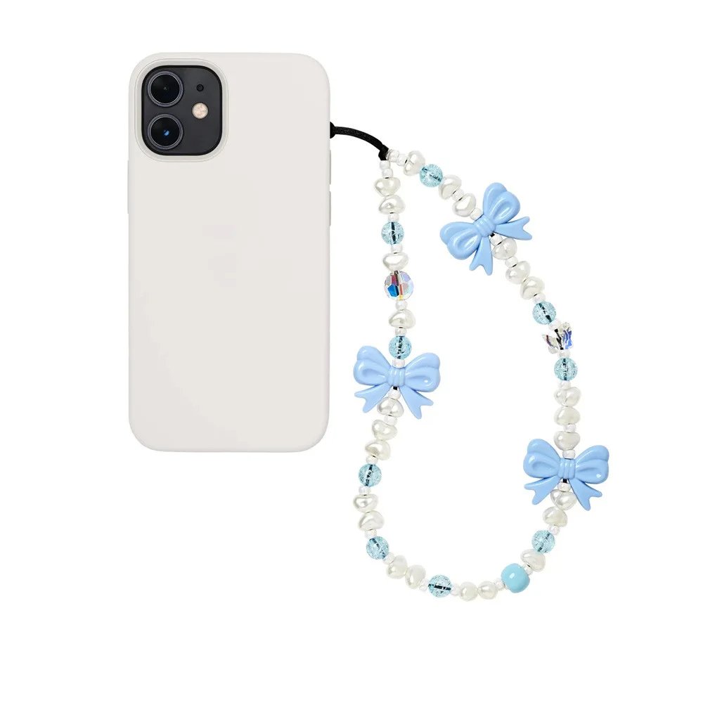 Accessories Wholesale Korean Fashion Pink Bowknot Phone Charm Imitation Pearl Beaded Chain Phone Case Cute Mobile Straps