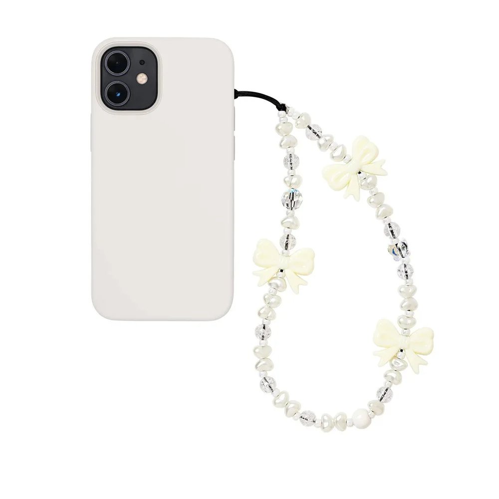 Accessories Wholesale Korean Fashion Pink Bowknot Phone Charm Imitation Pearl Beaded Chain Phone Case Cute Mobile Straps