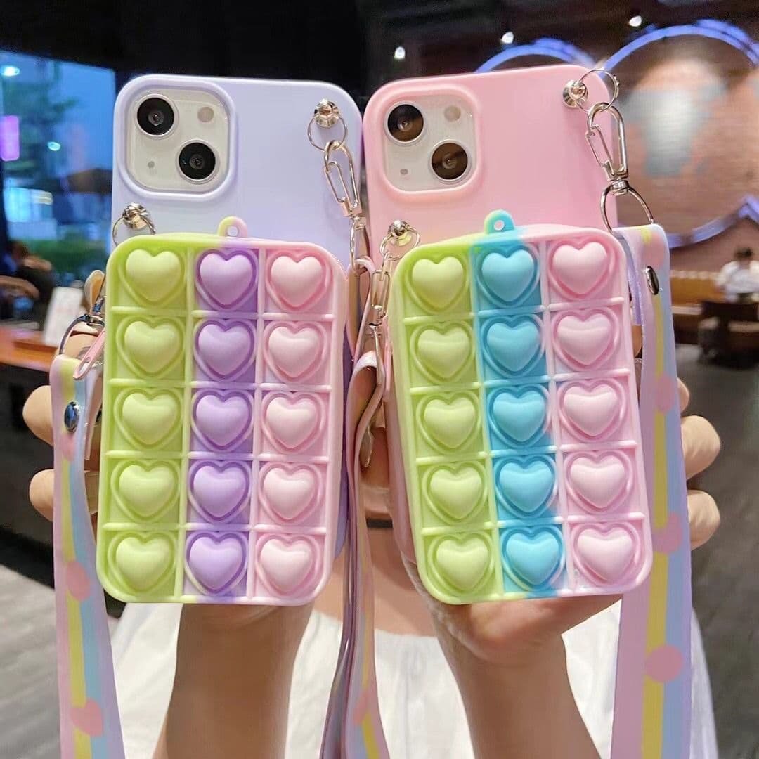 With Crossbody Strap Wallet Bag 3D Heart Stress Toys Girl Women Silicone Phone Case Cover For Iphone 11 12 13 14 15 Plus Pro Max