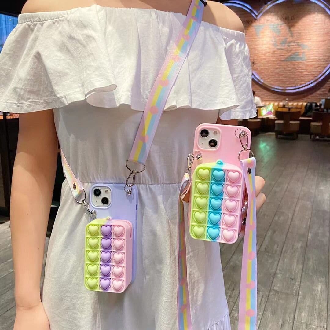 With Crossbody Strap Wallet Bag 3D Heart Stress Toys Girl Women Silicone Phone Case Cover For Iphone 11 12 13 14 15 Plus Pro Max