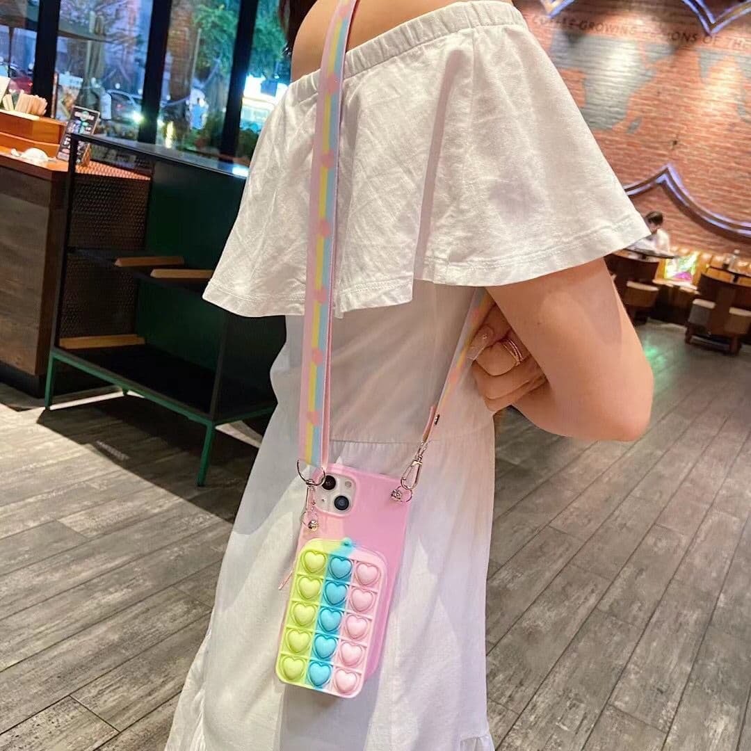 With Crossbody Strap Wallet Bag 3D Heart Stress Toys Girl Women Silicone Phone Case Cover For Iphone 11 12 13 14 15 Plus Pro Max