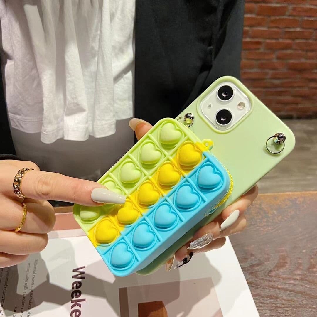 With Crossbody Strap Wallet Bag 3D Heart Stress Toys Girl Women Silicone Phone Case Cover For Iphone 11 12 13 14 15 Plus Pro Max