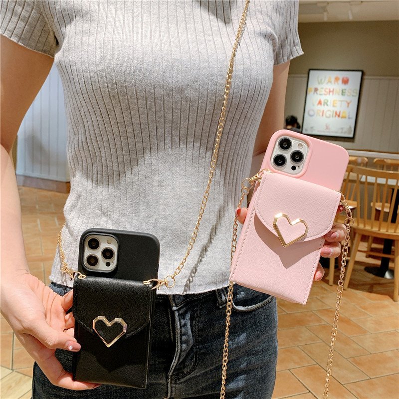 Crossbody Heart-shaped Wallet Cell Phone Case For iPhone 12 13 mini 14 15 11 Pro max Metal Chain Strap Fashion Phone Case
