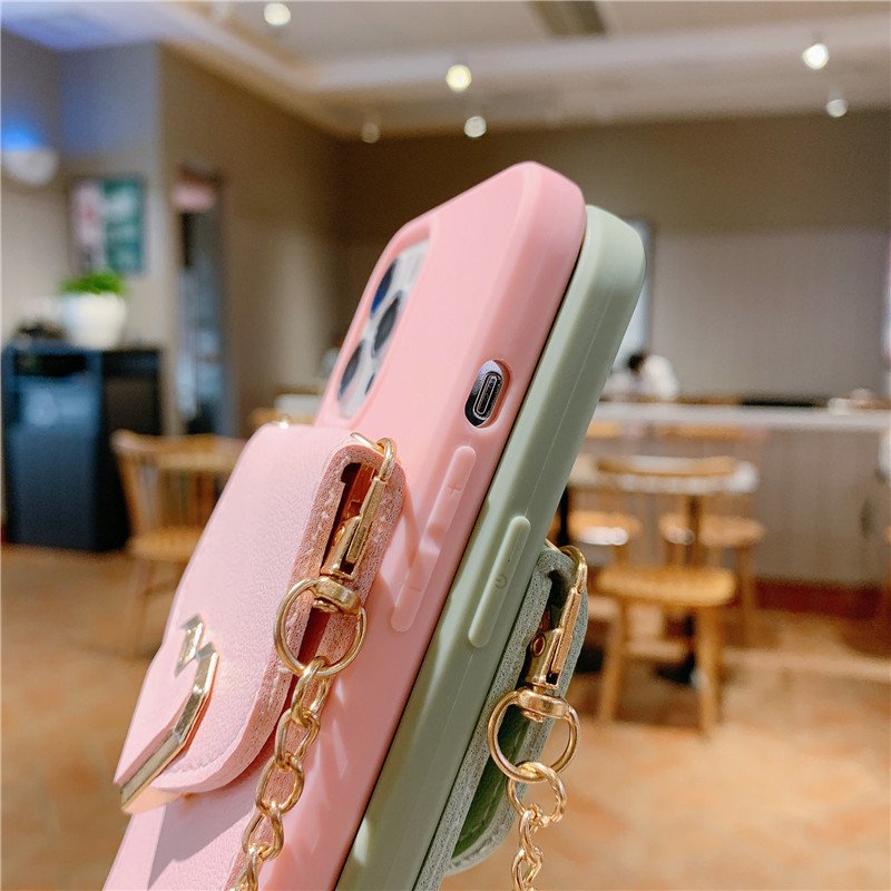 Crossbody Heart-shaped Wallet Cell Phone Case For iPhone 12 13 mini 14 15 11 Pro max Metal Chain Strap Fashion Phone Case