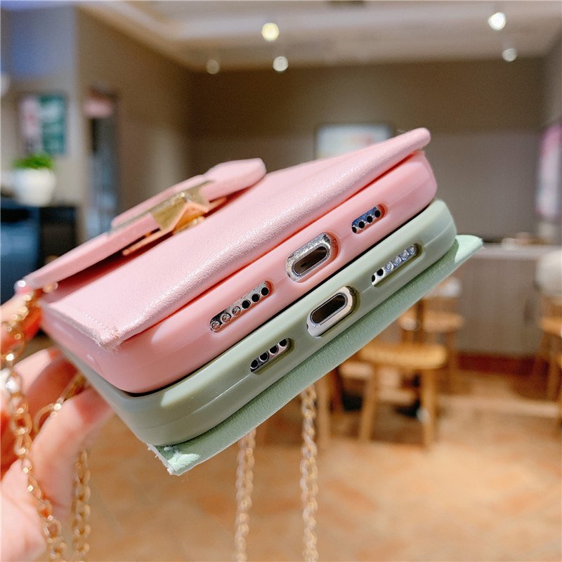 Crossbody Heart-shaped Wallet Cell Phone Case For iPhone 12 13 mini 14 15 11 Pro max Metal Chain Strap Fashion Phone Case