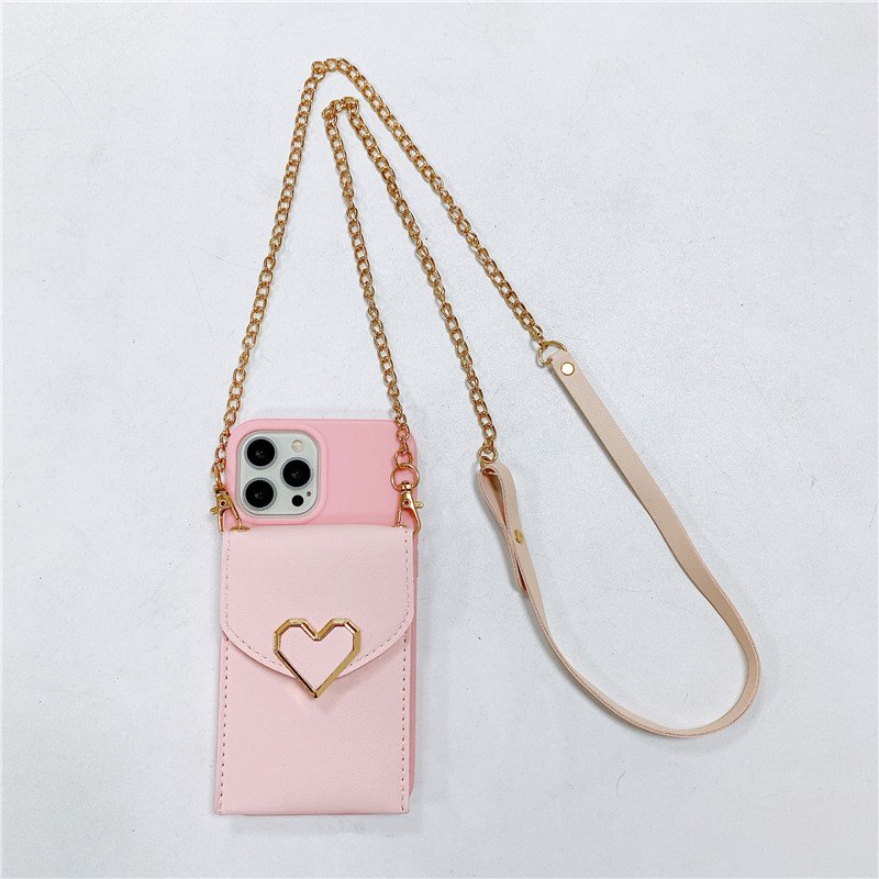 Crossbody Heart-shaped Wallet Cell Phone Case For iPhone 12 13 mini 14 15 11 Pro max Metal Chain Strap Fashion Phone Case
