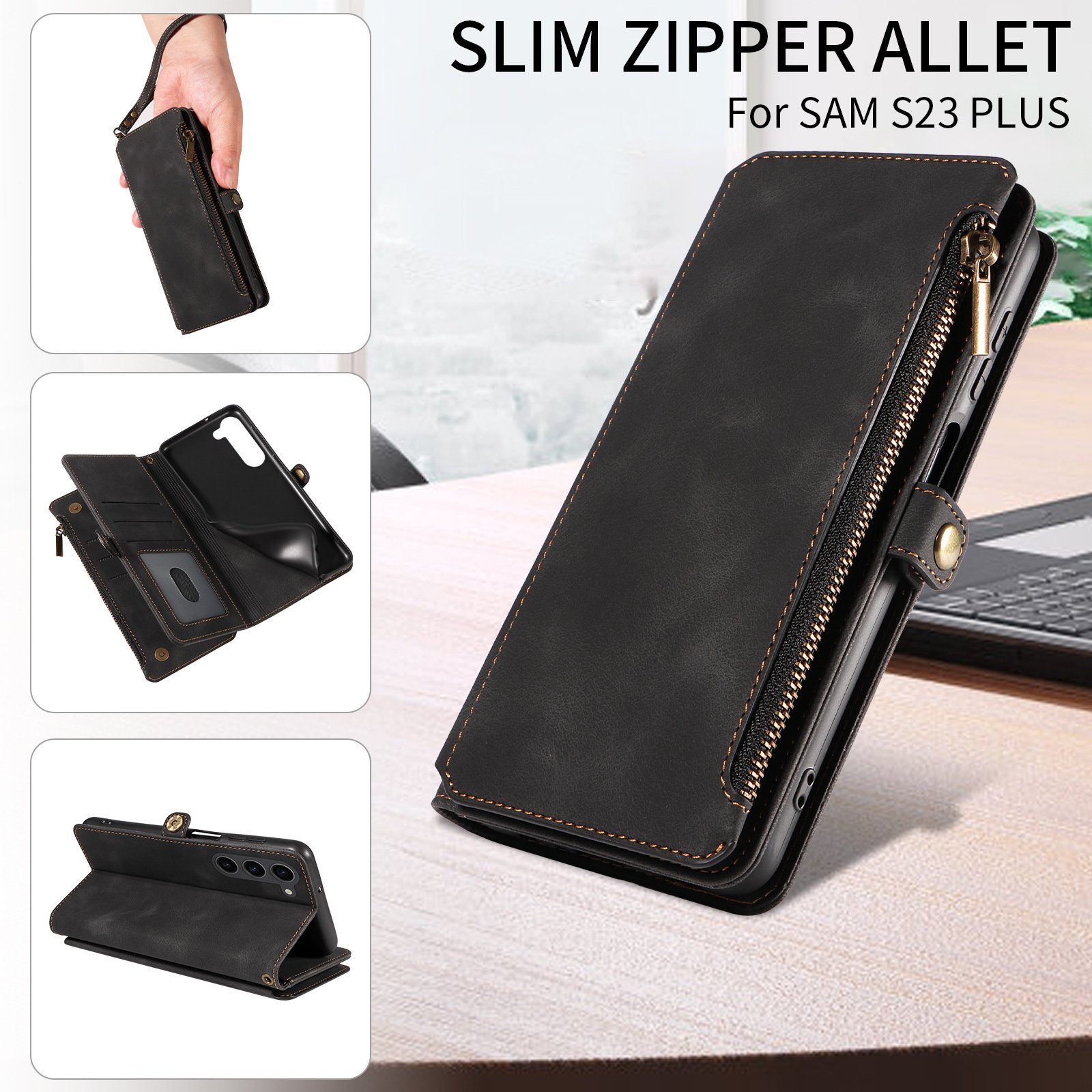 for Samsung Galaxy S23 Ultra Magnetic Leather Zipper Wallet Case with Wrist Strap for Samsung Galaxy S24 ultra
