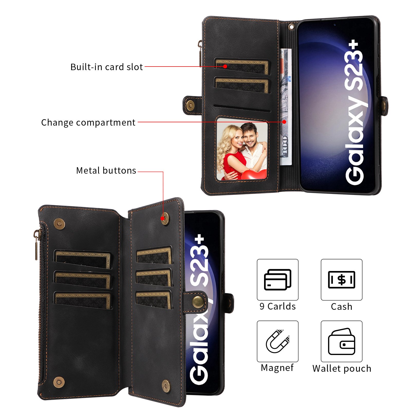 for Samsung Galaxy S23 Ultra Magnetic Leather Zipper Wallet Case with Wrist Strap for Samsung Galaxy S24 ultra