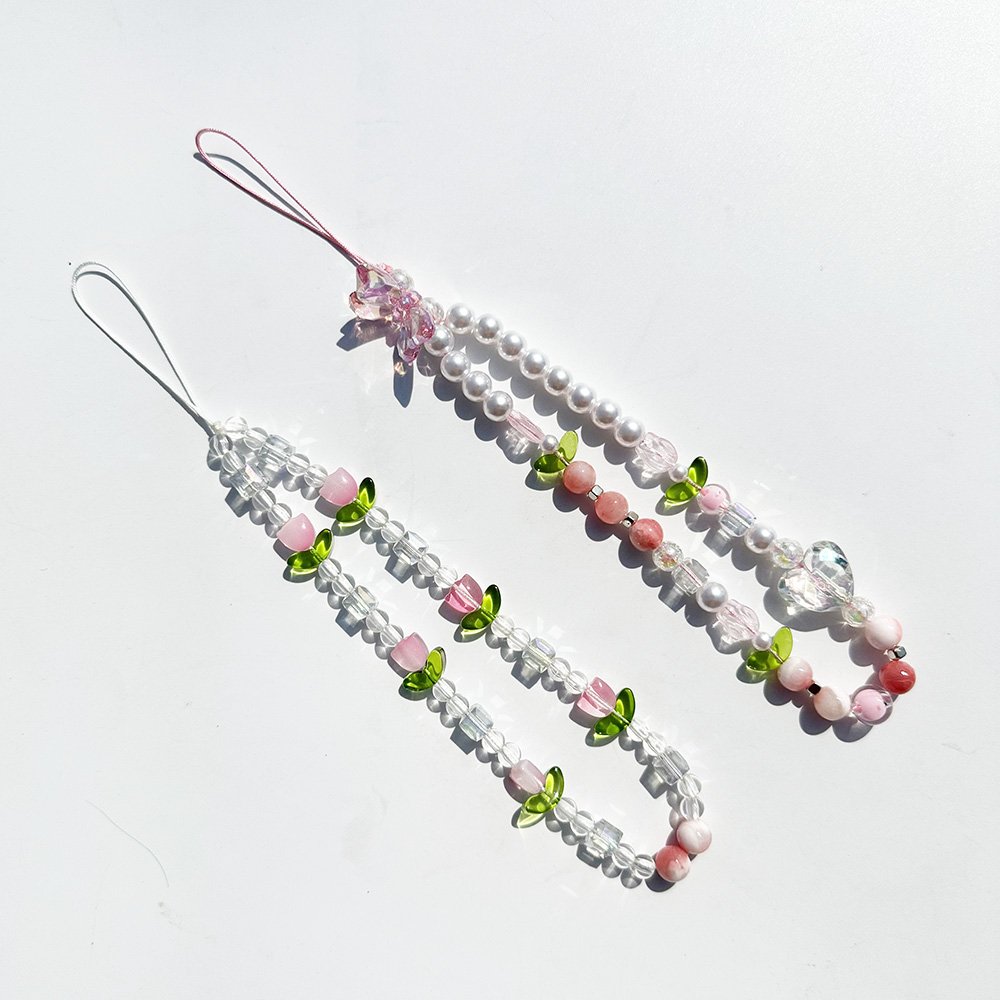 Fashion Cute Pink Tulip Mobile Phone Chain Colorful Heart Beads Phone Strap For Women