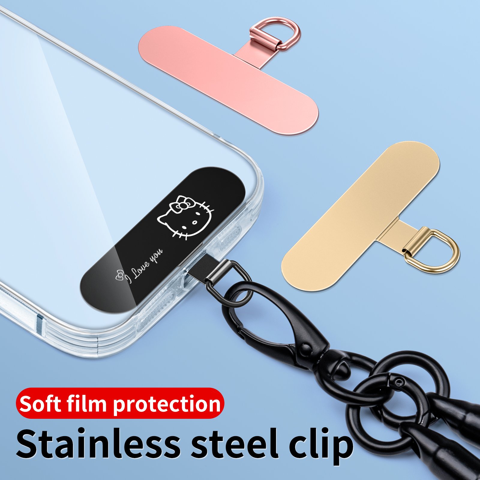 Universal Phone Lanyard Patch with Stainless steel slip D-Ring Mobile Phone Tether Tab in Rope Shape metal Phone clip