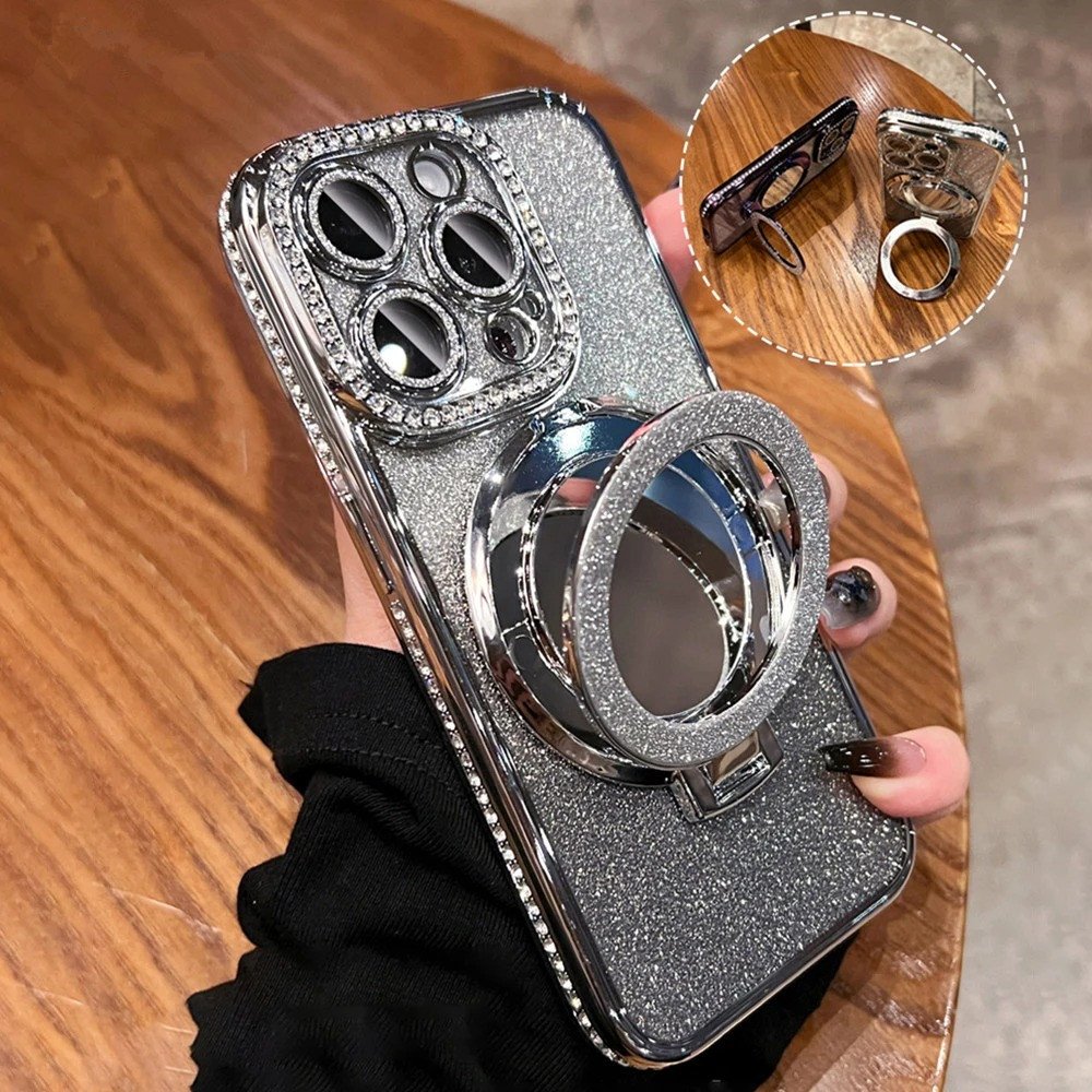fashion cute mirror glitter cell mobile phone case back cover make up for iphone 11 12 13 14 with holder