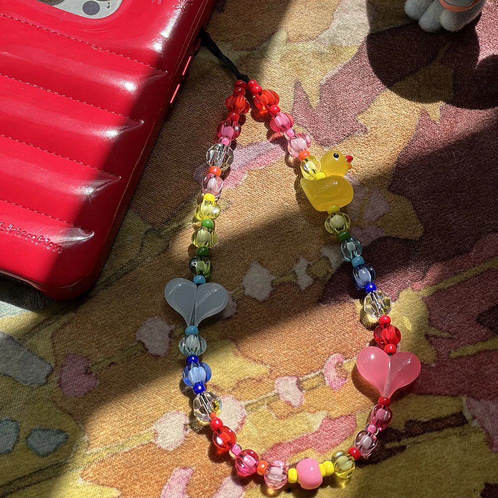 Acrylic Crystal Heart Duck Beads Beaded Cell Phone Wrist Hand Strap Rope Cord Lanyard Bracelet Phone Case Charm Accessories Girl