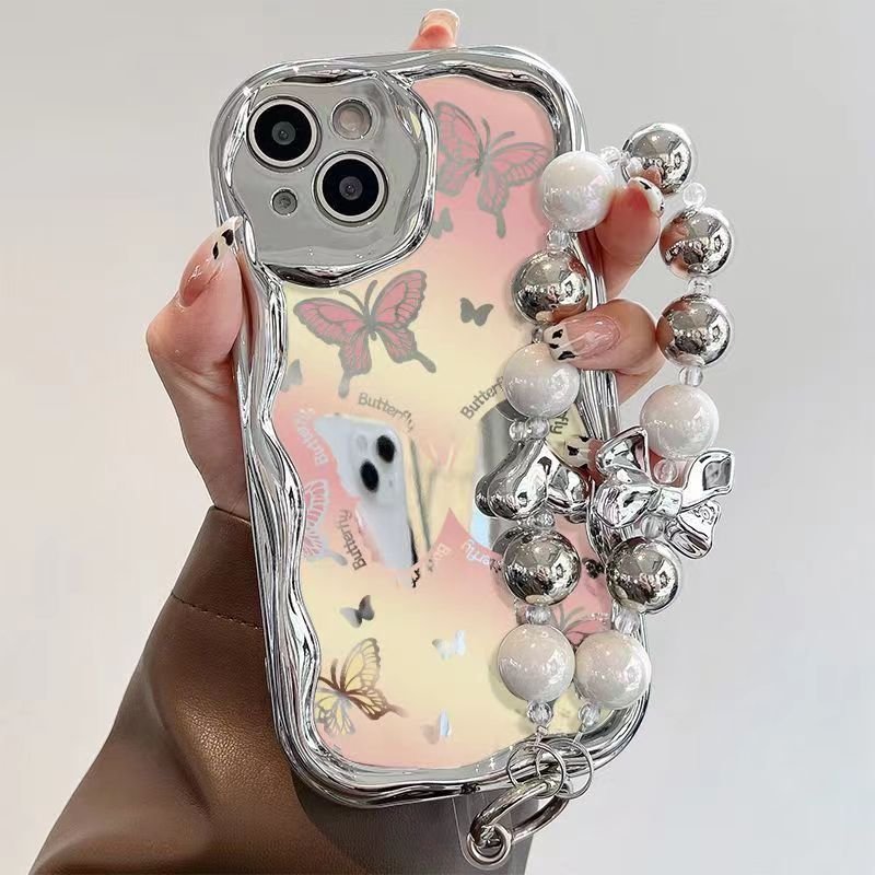 Butterfly Full Cover Girl Shiny Protective Makeup Mirror With Strap Cell Phone Case Cover For iPhone X XS XR15 14 13 12 Pro Max