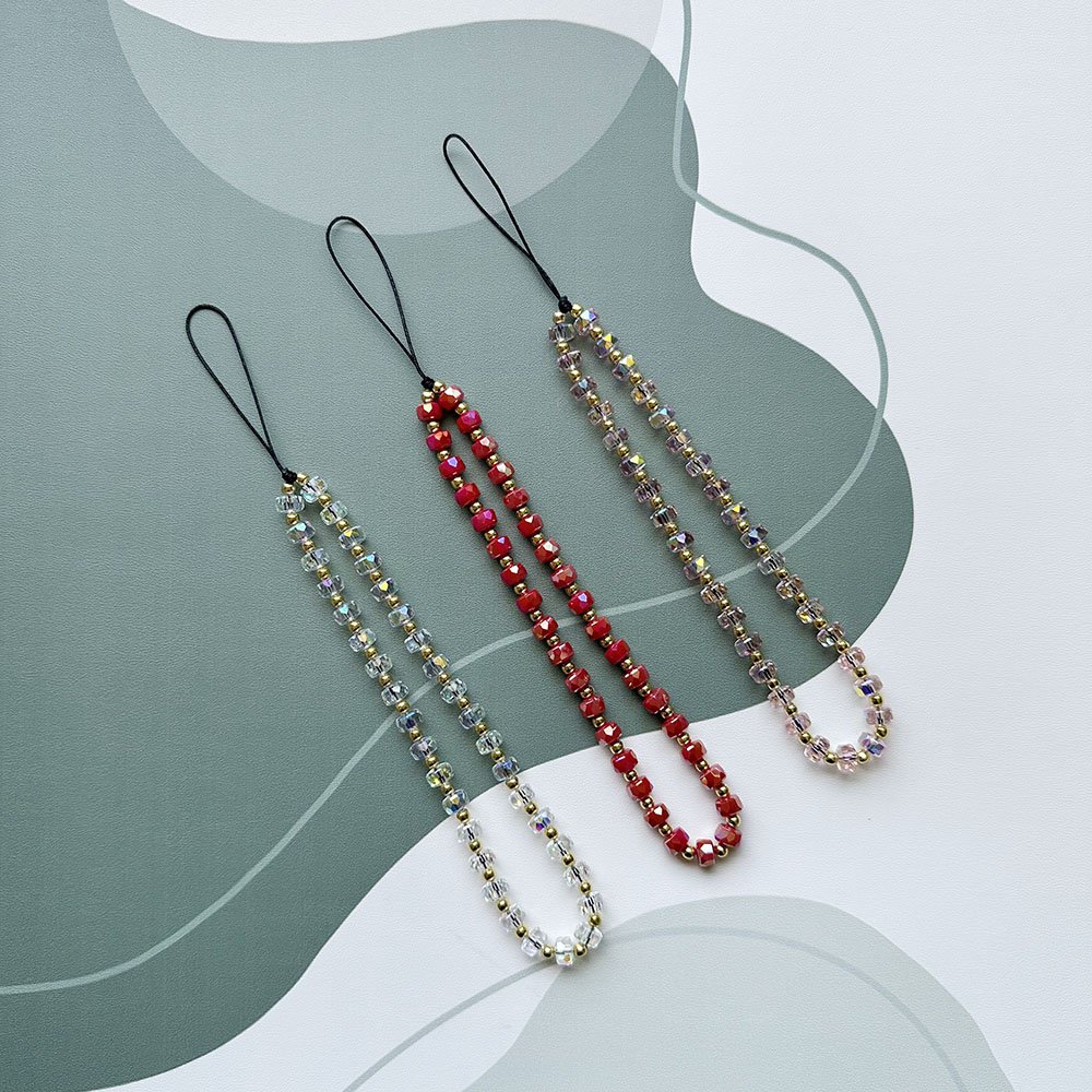 Fashion Simple Colorful Wheel Crystal Beads Mobile Phone Chain Gold Beaded Phone Strap Camera Pendant