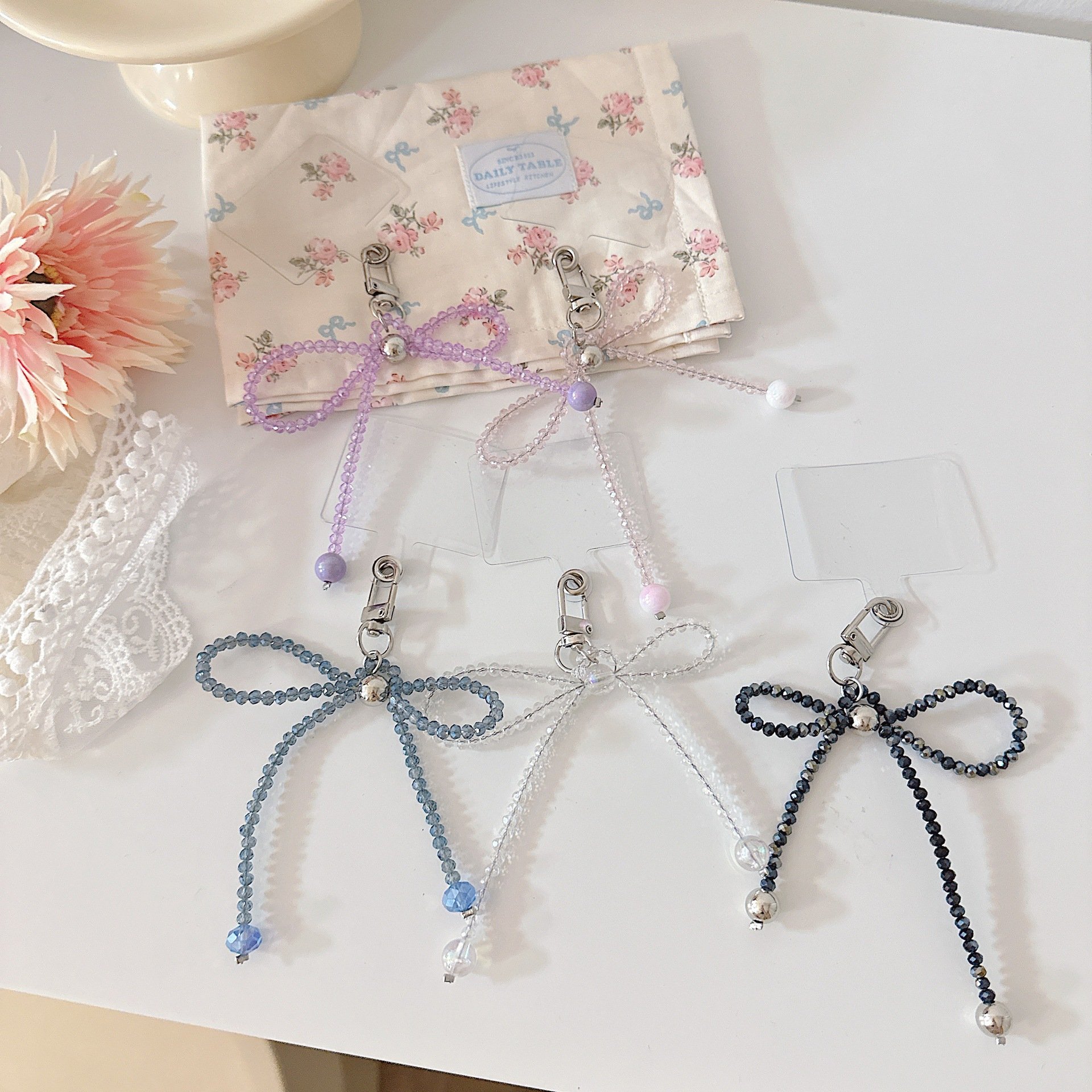Creative Solid Color Crystal Bow Buckle Mobile Beaded Pendant bowknot Heart Love Pearl Silver Beads Cellphone Pendant