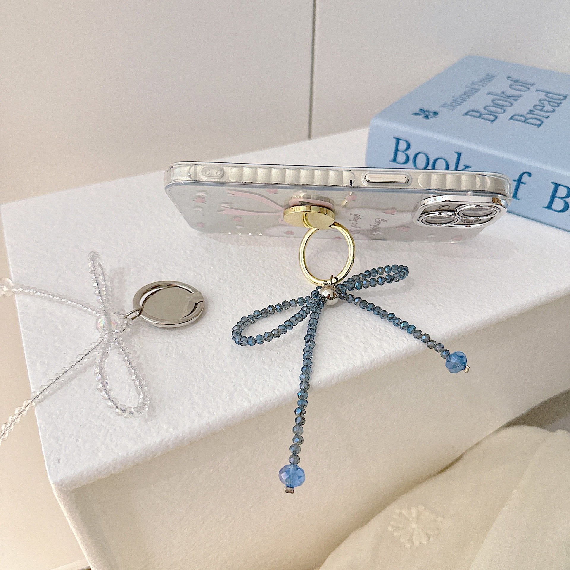 Creative Solid Color Crystal Bow Buckle Mobile Beaded Pendant bowknot Heart Love Pearl Silver Beads Cellphone Pendant