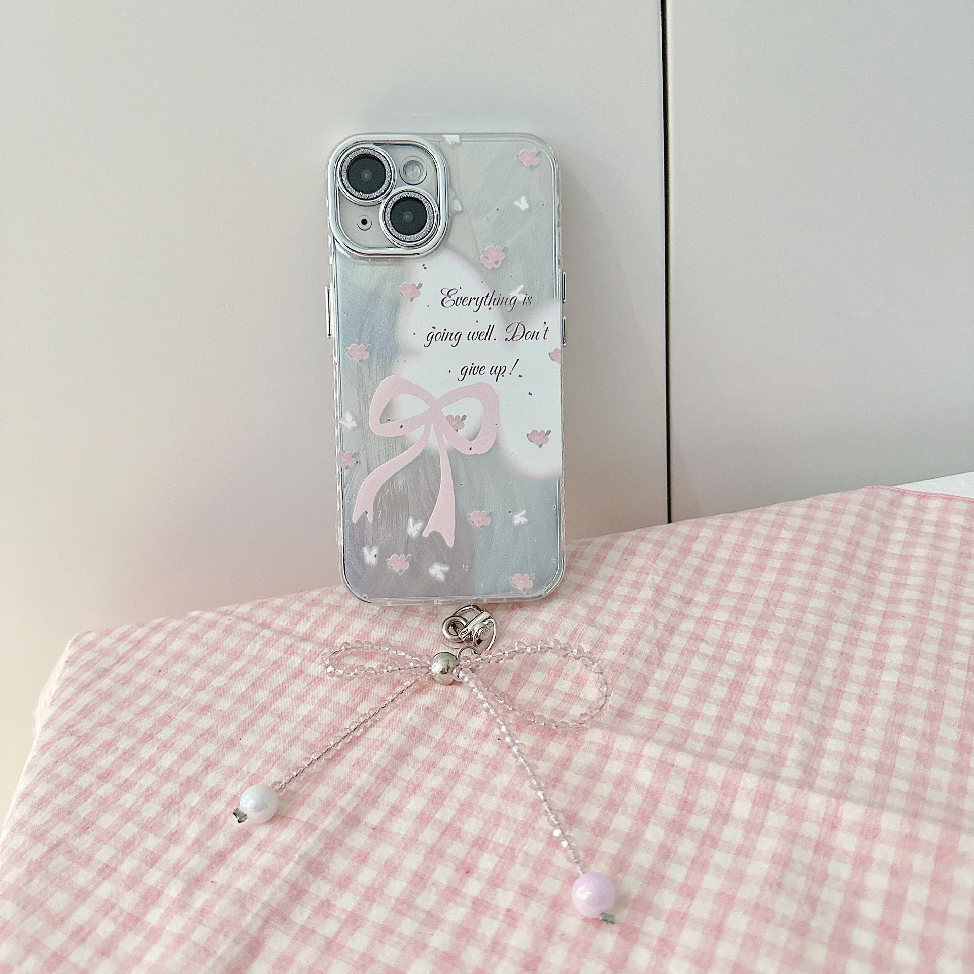 Creative Solid Color Crystal Bow Buckle Mobile Beaded Pendant bowknot Heart Love Pearl Silver Beads Cellphone Pendant