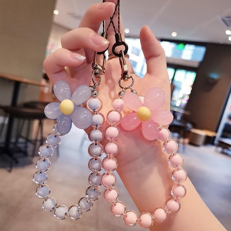 Handmade Colorful Crystal Bead Phone Chain Trendy Wrist Strap Anti-Lost Lanyard Cute Flower Keychain for All Smartphones