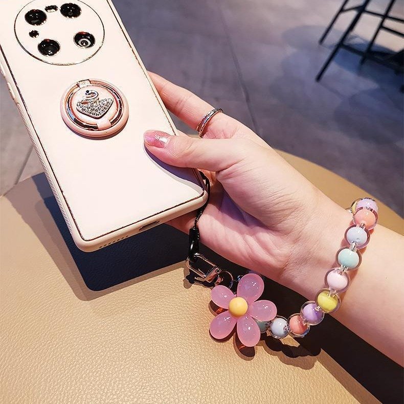 Handmade Colorful Crystal Bead Phone Chain Trendy Wrist Strap Anti-Lost Lanyard Cute Flower Keychain for All Smartphones