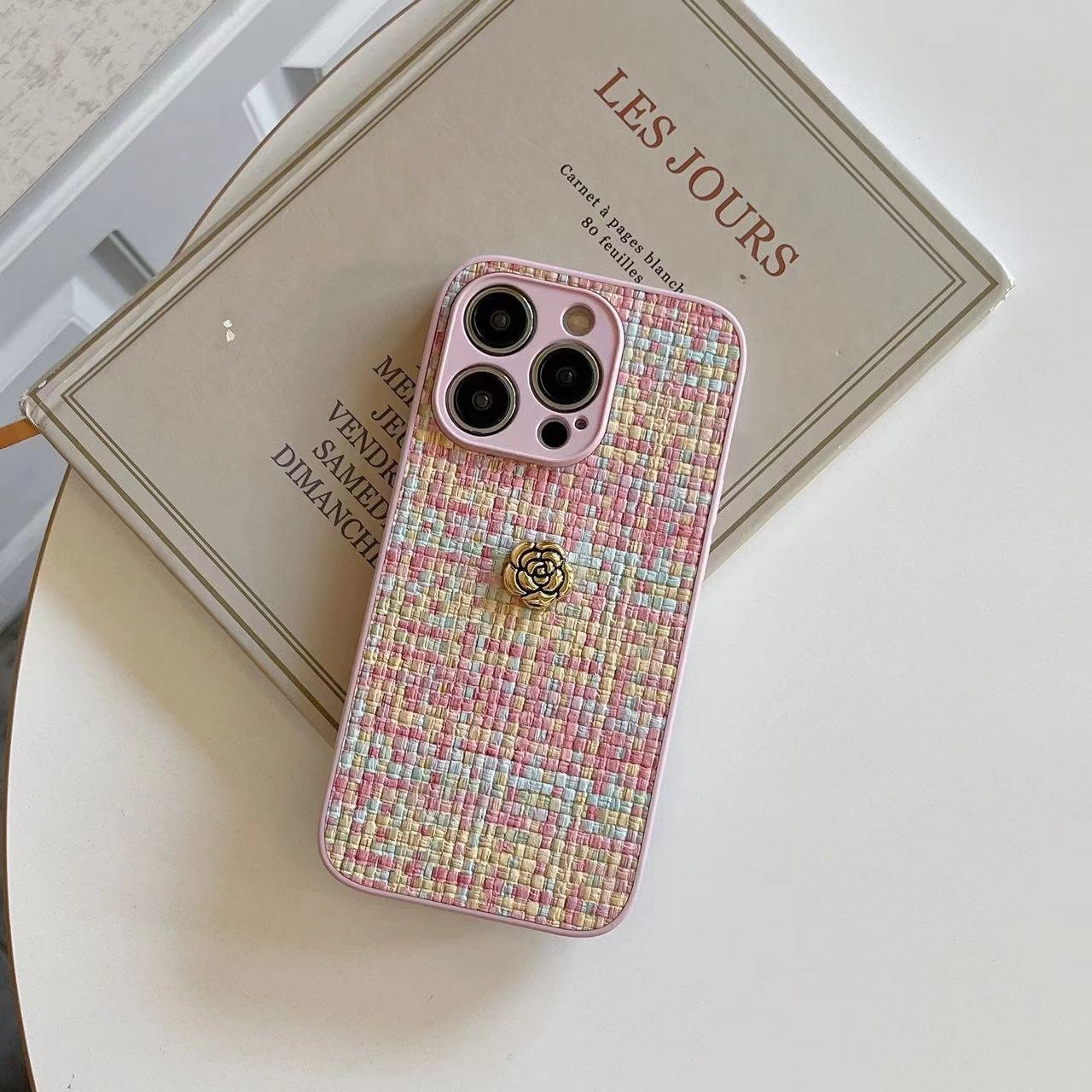 fashion Weave pattern with camellia Case for Iphone 11 12 13 14 15 Plus/pro/pro Max