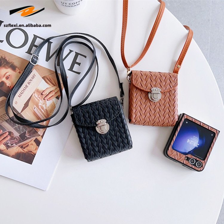 Fashion Colorful PU Leather Woven Crossbody Mini Bag With Phone Case For Samsung Galaxy Z Flip 5 4 3 Solid Color Back Case