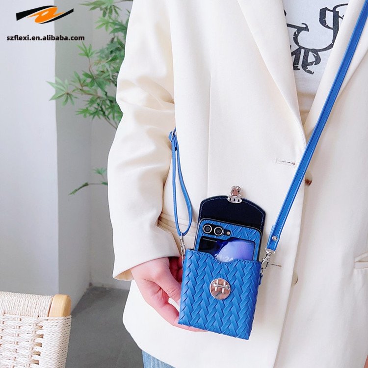 Fashion Colorful PU Leather Woven Crossbody Mini Bag With Phone Case For Samsung Galaxy Z Flip 5 4 3 Solid Color Back Case