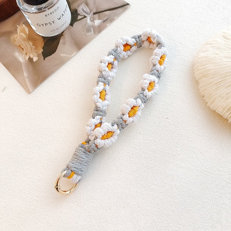 Boho Hand-woven Macrame Wristlet Keychain Wristlet Daisy Flower Braided Rope Phone Chain charm Wrist Lanyard Keyring Bag Pendant