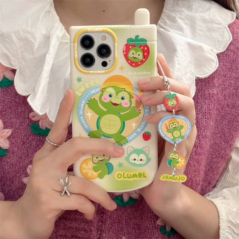 Cartoon Phone Cases with Mirror Holder Stand Pendant for iPhone16 15 11 12 13 14 pro max Soft TPU Kawaii Cellphone Covers