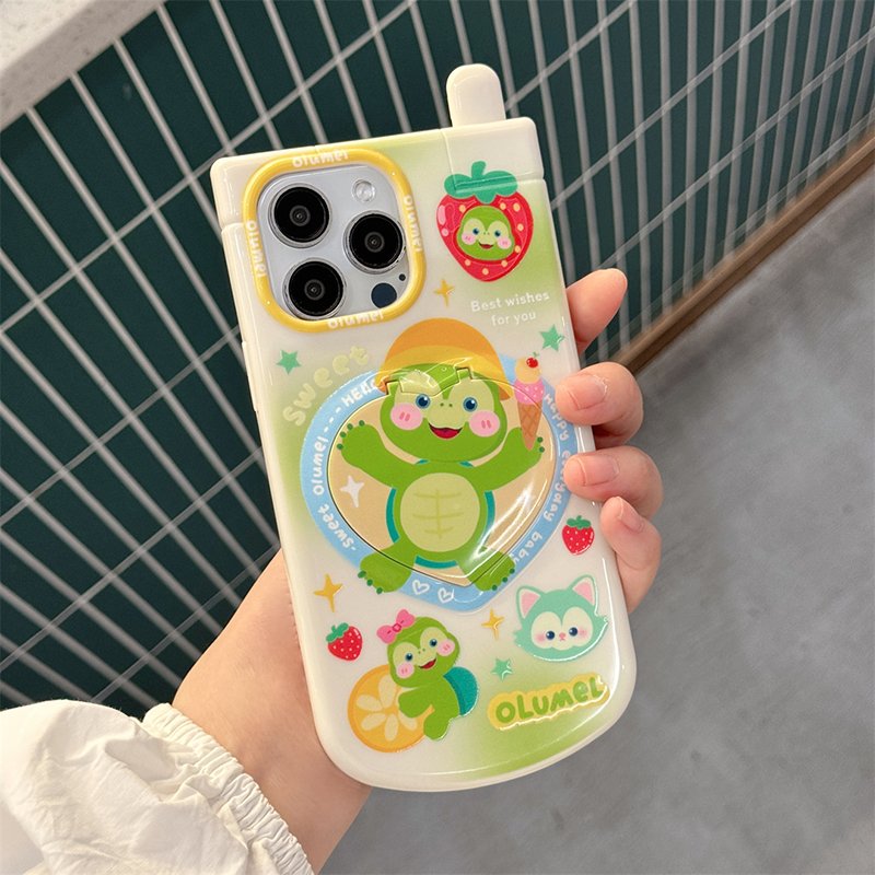 Cartoon Phone Cases with Mirror Holder Stand Pendant for iPhone16 15 11 12 13 14 pro max Soft TPU Kawaii Cellphone Covers