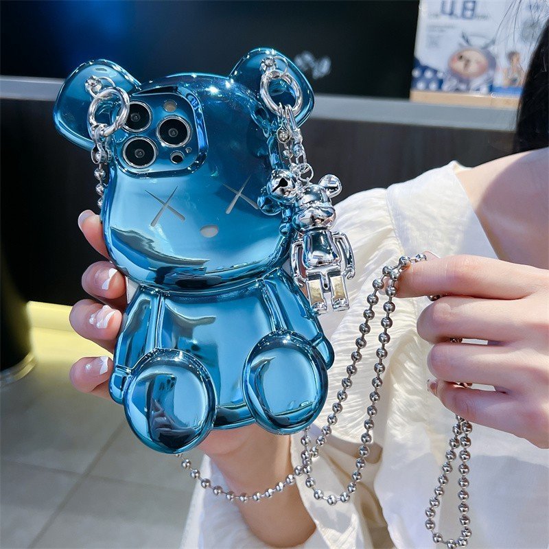 The fashion brand electroplated bear strap long rope pendant anti-fall fashion phone case for iPhone14promax 13pro 12 11