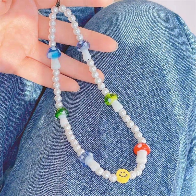 REWIN Wholesale Cute Mushroom Key Chain Pearl Beaded Cellphone Keychain Lanyard Mobile Phone Chain Charm for Women Girls Gifts