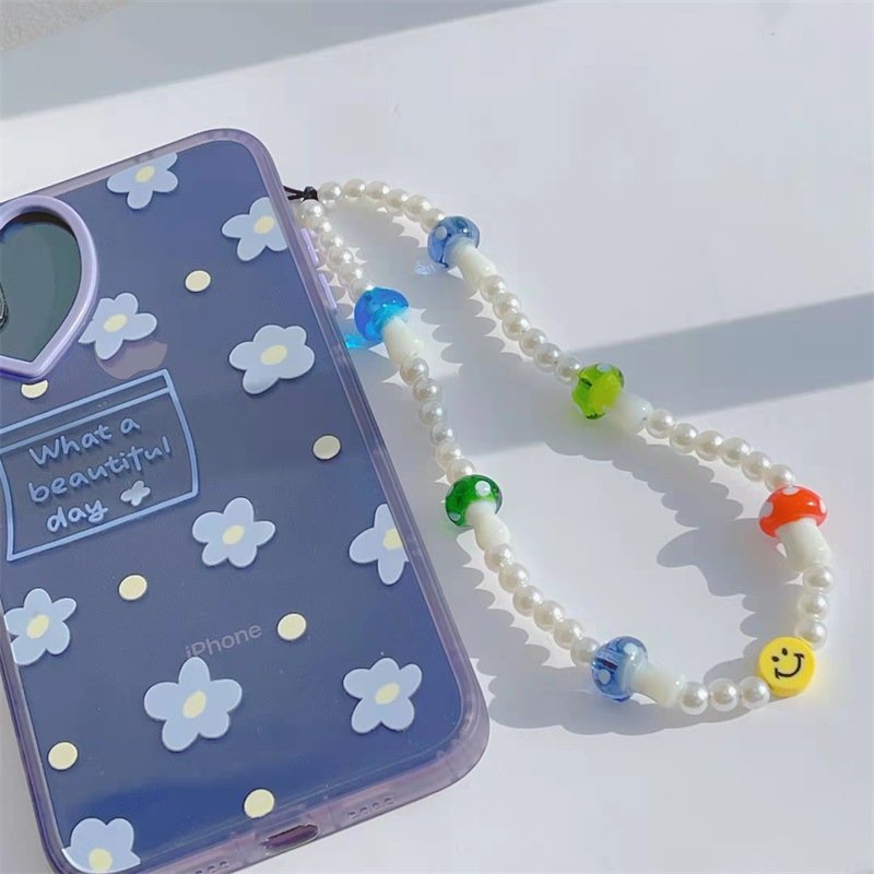 REWIN Wholesale Cute Mushroom Key Chain Pearl Beaded Cellphone Keychain Lanyard Mobile Phone Chain Charm for Women Girls Gifts