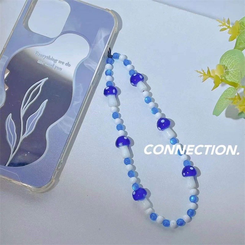 REWIN Wholesale Cute Mushroom Key Chain Pearl Beaded Cellphone Keychain Lanyard Mobile Phone Chain Charm for Women Girls Gifts