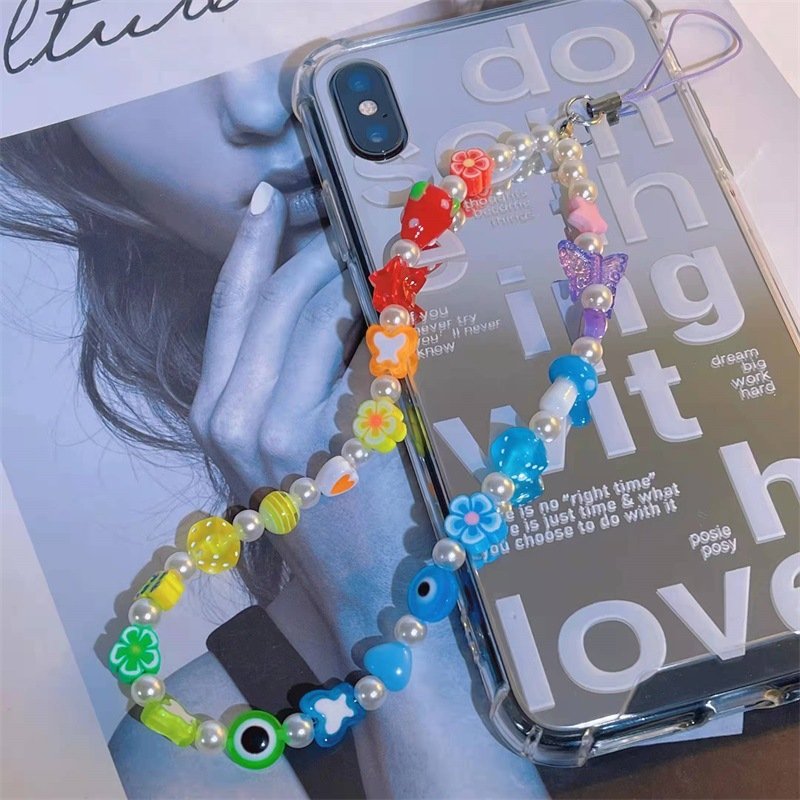 REWIN Wholesale Cute Mushroom Key Chain Pearl Beaded Cellphone Keychain Lanyard Mobile Phone Chain Charm for Women Girls Gifts
