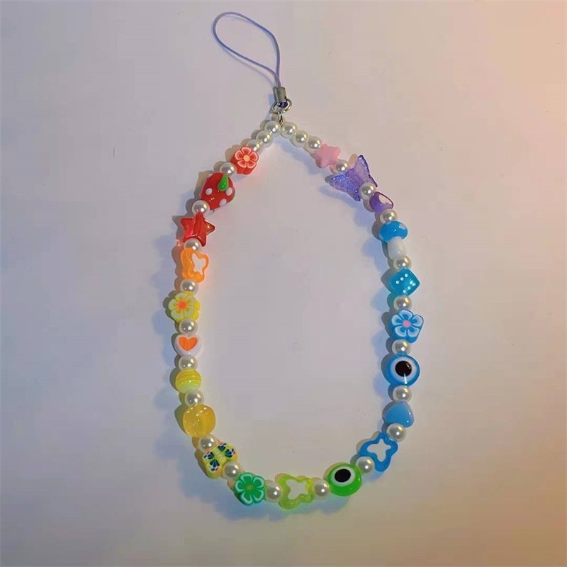 REWIN Wholesale Cute Mushroom Key Chain Pearl Beaded Cellphone Keychain Lanyard Mobile Phone Chain Charm for Women Girls Gifts