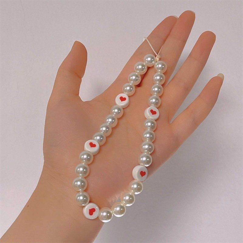 REWIN Cute Love Heart Pearl Beaded Mobile Phone Charm Chain Wristlet Strap for Smartphone Wallet Camera