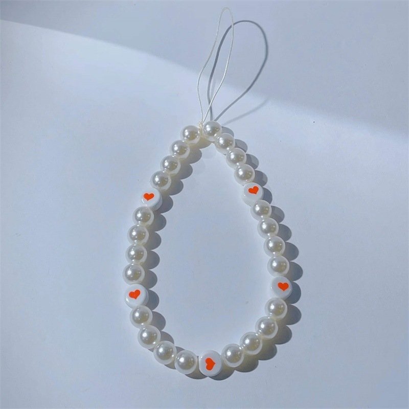 REWIN Cute Love Heart Pearl Beaded Mobile Phone Charm Chain Wristlet Strap for Smartphone Wallet Camera