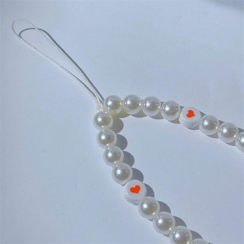 REWIN Cute Love Heart Pearl Beaded Mobile Phone Charm Chain Wristlet Strap for Smartphone Wallet Camera