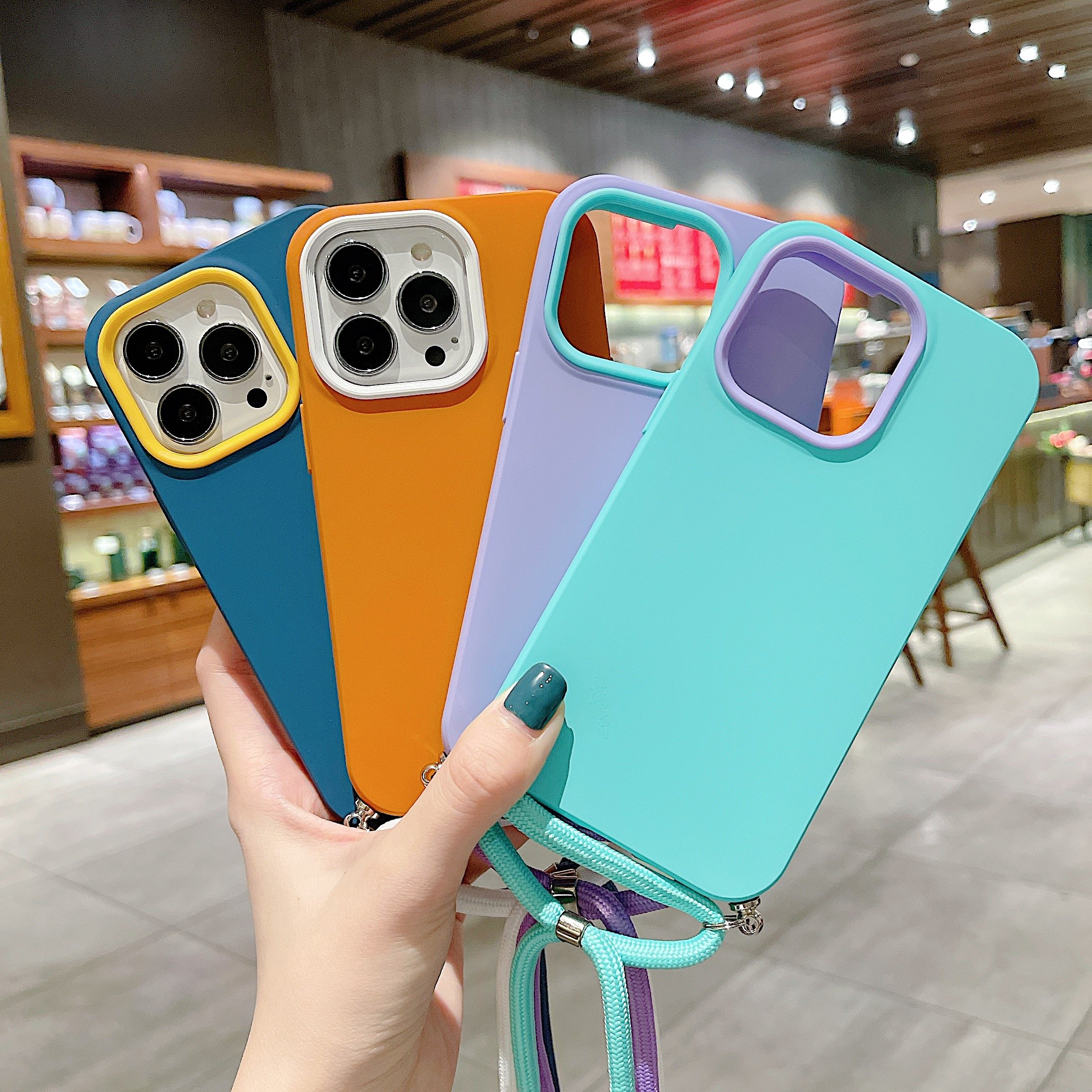 Lanyard Hanging Rope Crossbody Strap Case for iPhone 15 14 13 12 11 Pro Max Detachable 3 in 1 Hybrid Candy Color Phone Cover