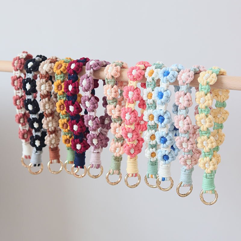 Boho Macrame Keychain Wristlet key chain Handwoven Flower Keychain Braid Rope Phone Bracelet wrist strap Bag charm Pendant