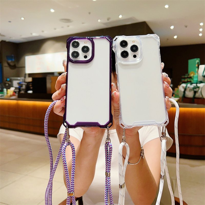 Four-corner Anti-fall Transparent Clear Shockproof Hard PC Soft TPU Phone Case For iPhone 16 Pro Max 15 14 13 With Lanyard Strap