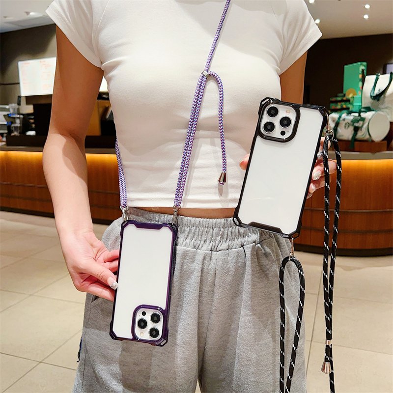 Four-corner Anti-fall Transparent Clear Shockproof Hard PC Soft TPU Phone Case For iPhone 16 Pro Max 15 14 13 With Lanyard Strap