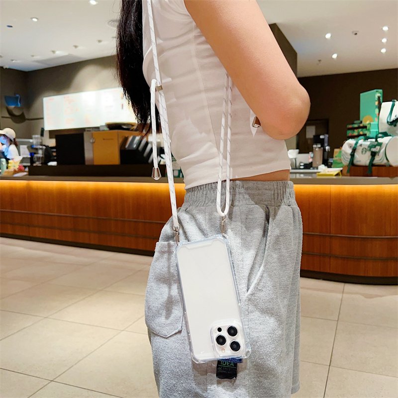Four-corner Anti-fall Transparent Clear Shockproof Hard PC Soft TPU Phone Case For iPhone 16 Pro Max 15 14 13 With Lanyard Strap