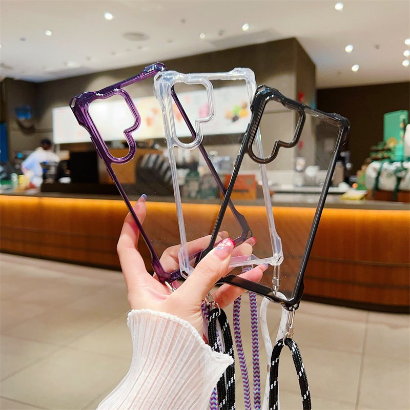 Four-corner Anti-fall Transparent Clear Shockproof Hard PC Soft TPU Phone Case For iPhone 16 Pro Max 15 14 13 With Lanyard Strap