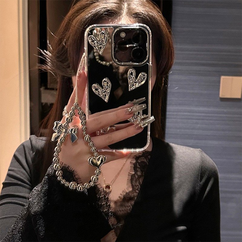 Luxury Electroplated Mirror Epoxy Love Heart Chain Phone Case for iphone 15Pro 14 13 12 11 Pro Max Shockproof Cover for iphone15