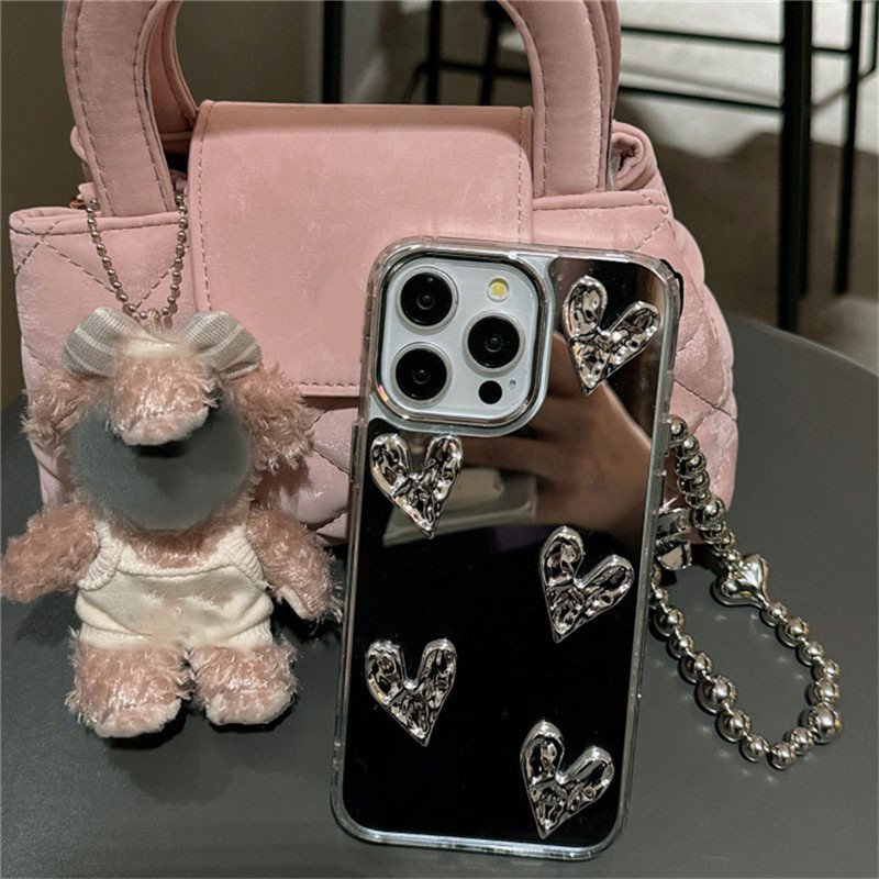 Luxury Electroplated Mirror Epoxy Love Heart Chain Phone Case for iphone 15Pro 14 13 12 11 Pro Max Shockproof Cover for iphone15