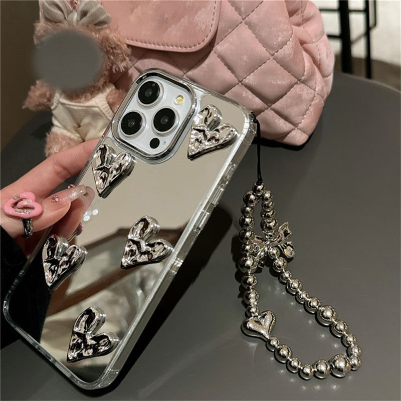 Luxury Electroplated Mirror Epoxy Love Heart Chain Phone Case for iphone 15Pro 14 13 12 11 Pro Max Shockproof Cover for iphone15